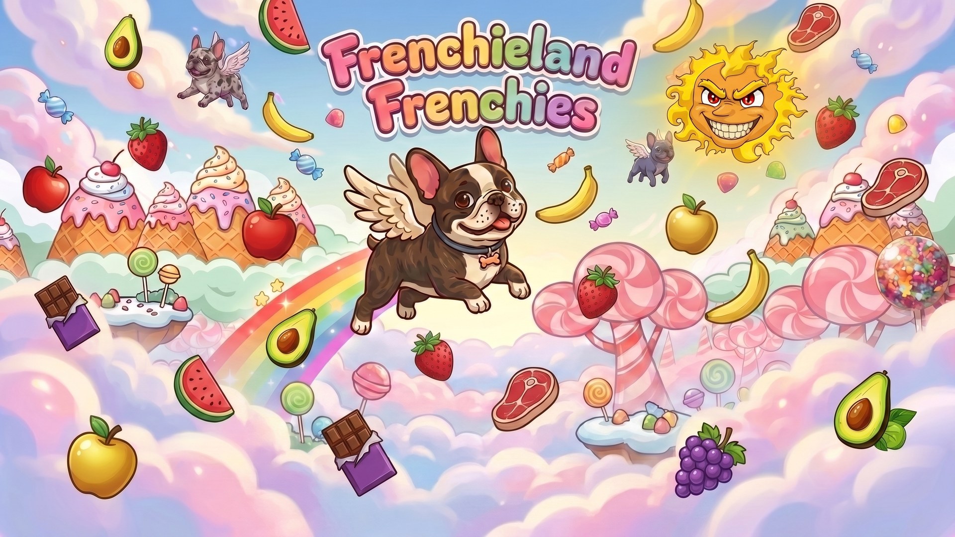 Frenchieland Frenchies — winged French Bulldogs in a candy sky